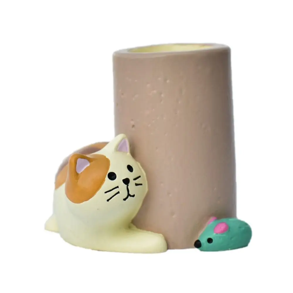 

Cat Ornaments Desk Pen Holder Cute Cat And Mouse Resin Single Pencil Holder Makeup Brush Holder Cosmetics Makeup Organizer