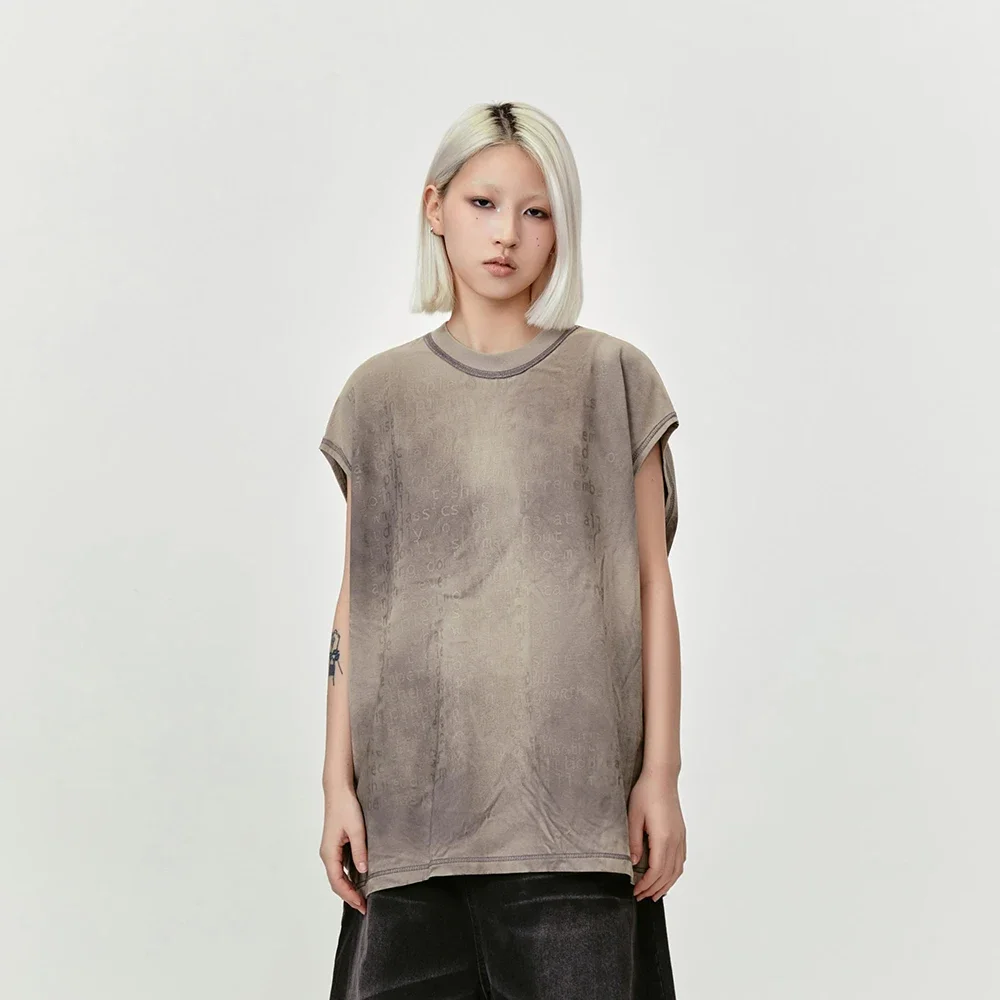 

Dirty Patchwork Sleeveless Khaki Shirts Baggy Loose Grunge Goth Tops Tees for Women Men Distressed Aesthetic Clothing Streetwear