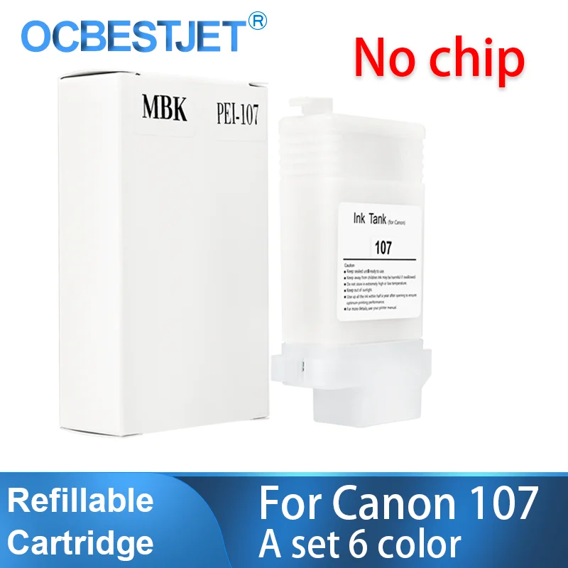 130ML PFI 107 Refillable Cartridge 6 Color No Chip For Canon iPF670 iPF680 iPF685 iPF770 iPF780 iPF785 Printer