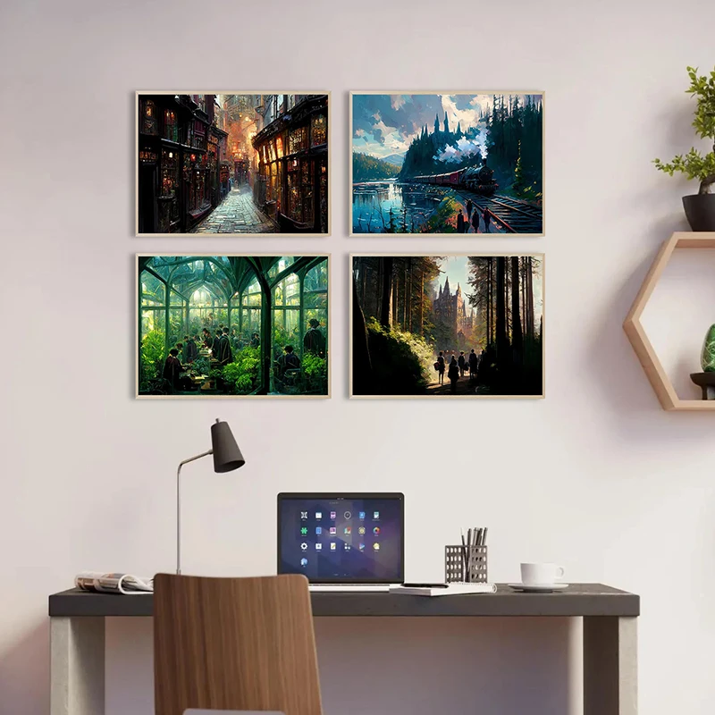 Harry Potter escuela mágica habitación común ilustración pintura al óleo arte impresión estudiantes en herbología clase lienzo cartel Decoración