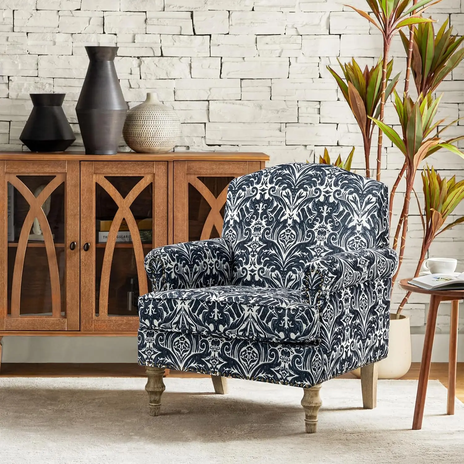 #Floral Upholstered Armchair Retro Wood Legs Nailhead Trim Living Room Bedroom Office Chair