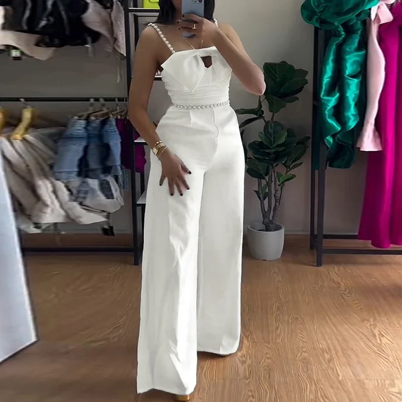 2025 Elegant Hight Waist Solid Playsuits Sexy Off Shoulder Bead Suspender Jumpsuit Women Casual Sleeveless Wide Leg Party Romper