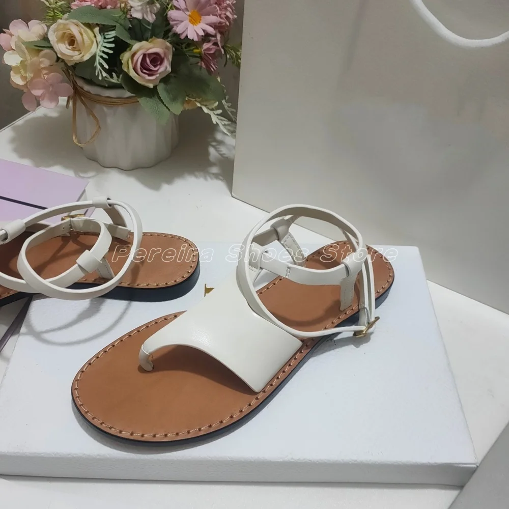 Summer Concise Fashion Flat Sandals Open Toe Ankle Buckle Strap Narrow Band Ladies Falt Shoes Black White Brown Color