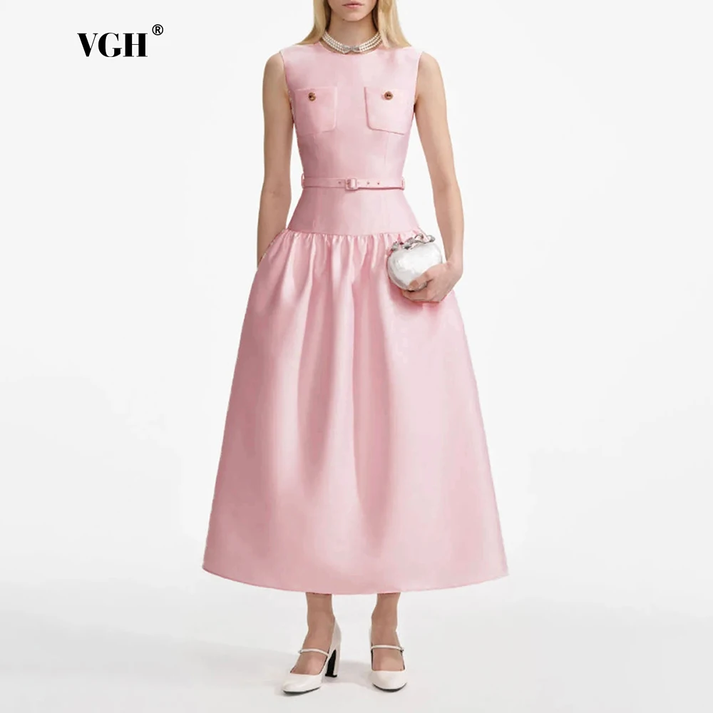 

VGH Sweet Solid Slimming Long Dresses For Women Round Neck Sleeveless High Waist Spliced Belt Summer Casual Dress Female Style