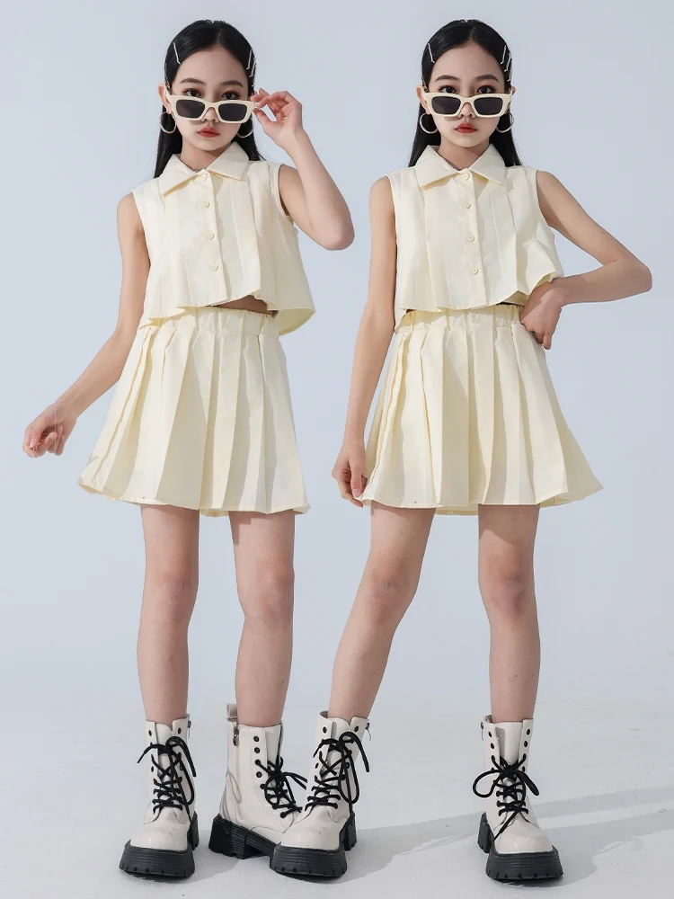 

Kids Jazz Dance Clothes For Girls Summer Navel Tops Skirt Cheerlead Dance Costume Hip Hop Performance Outfits Beige Sets BL13103