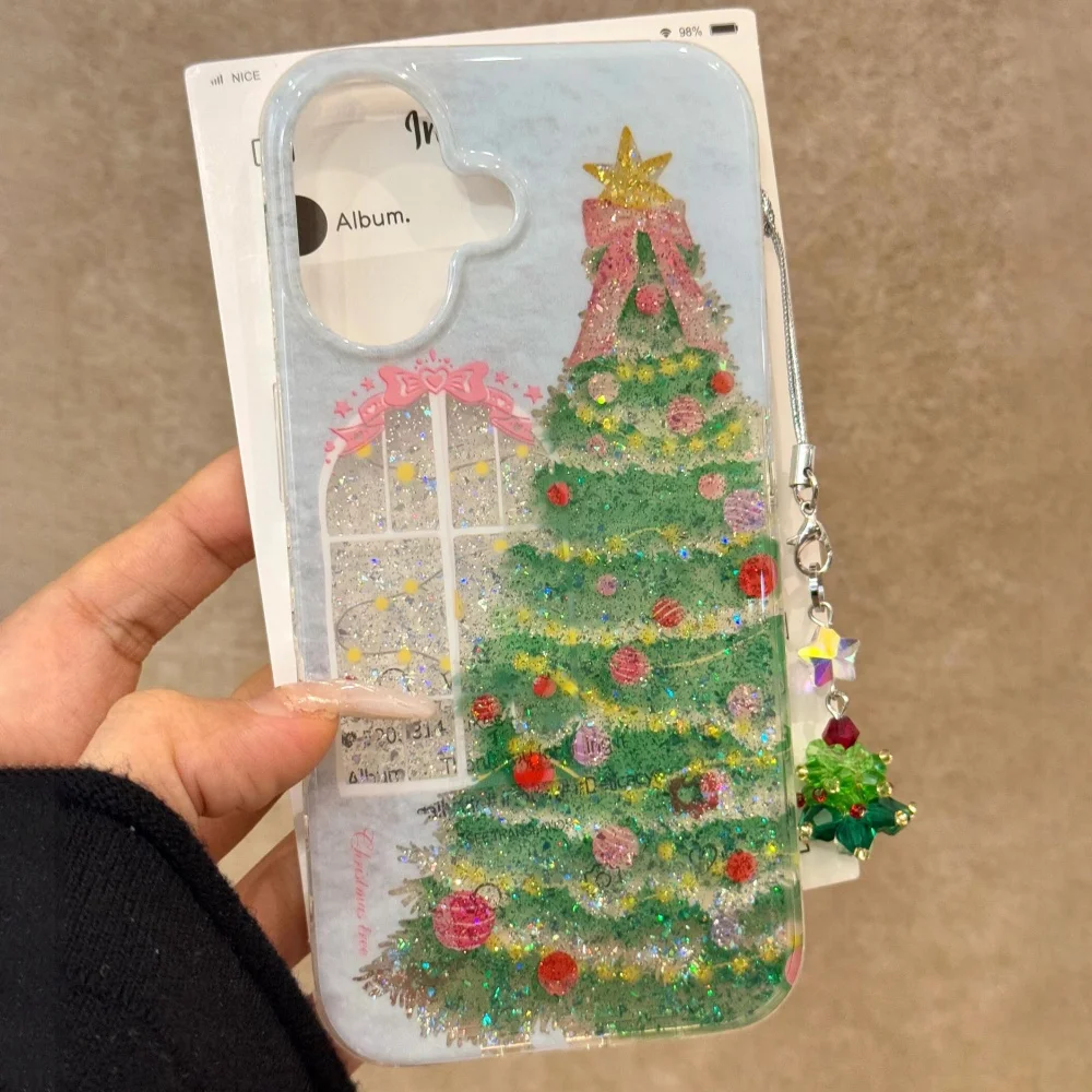 الفاخرة شجرة عيد الميلاد قلادة النافذة أضواء الترتر الحال بالنسبة آيفون 17 برو ماكس 16 15 برو 14 زائد 13 12 11 Blingbling غطاء