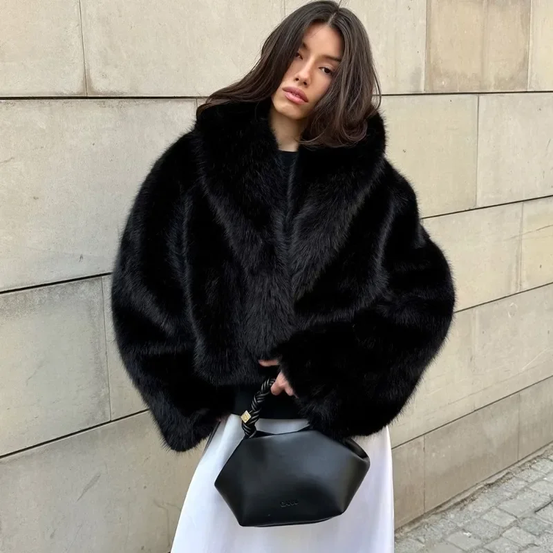 Ticketsx Elegant Faux Fur Coat Solid Women Lapel Fluffy Loose Short Jacket Fashion New Winter High Street Warm Lady Outerwear