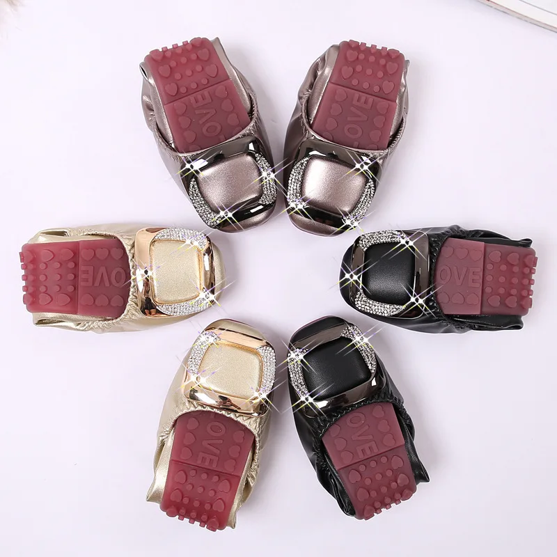 Spring Elegant Woman Round Toe Rhinestone Mary Jane Metal Square Buckle Lady Ballerina Flats Designer Soled Soft Female Shoes