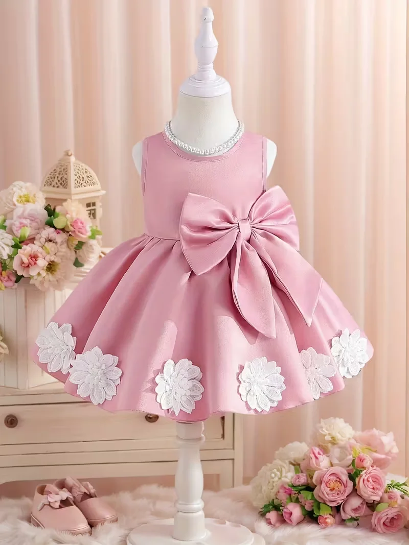 

Customized Elegant Appliques Pink Flower Girl Dress for Wedding Party Girls Pageant Dress Big Bow O Neck Cute Birthday Gown