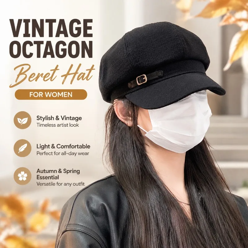 Beret Hat for Women Autumn Spring Vintage Octagonal Cap Retro Casual Artist Beret