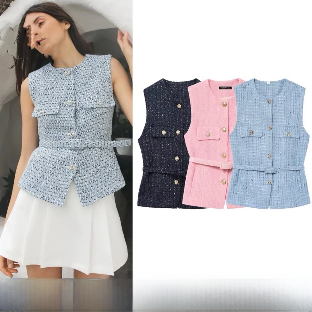 

Spring 2025 New Women's Vest Belted Texture Metal Color Street Style round Neck Single Button Fastening Regular Length