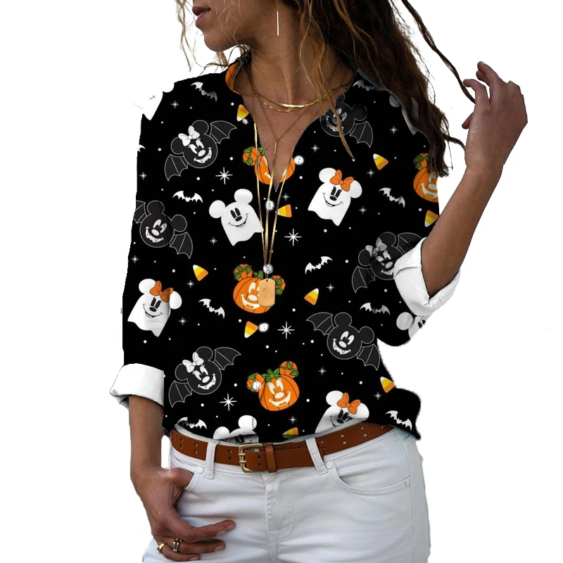 2022 Disney Branded Slim Fit 3D Printed Women's Button Long Sleeve Lapel Mickey Minnie Casual Harajuku Cute Shirt y2k