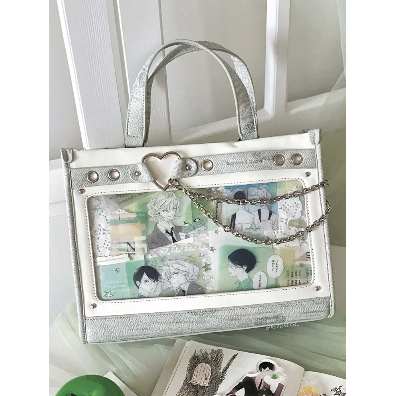 Gray Denim & Black PU Ita Tote Bag, Clear Window Shoulder Bag with Heart Chain Detail, Y2K Style for Pin & Badge Display