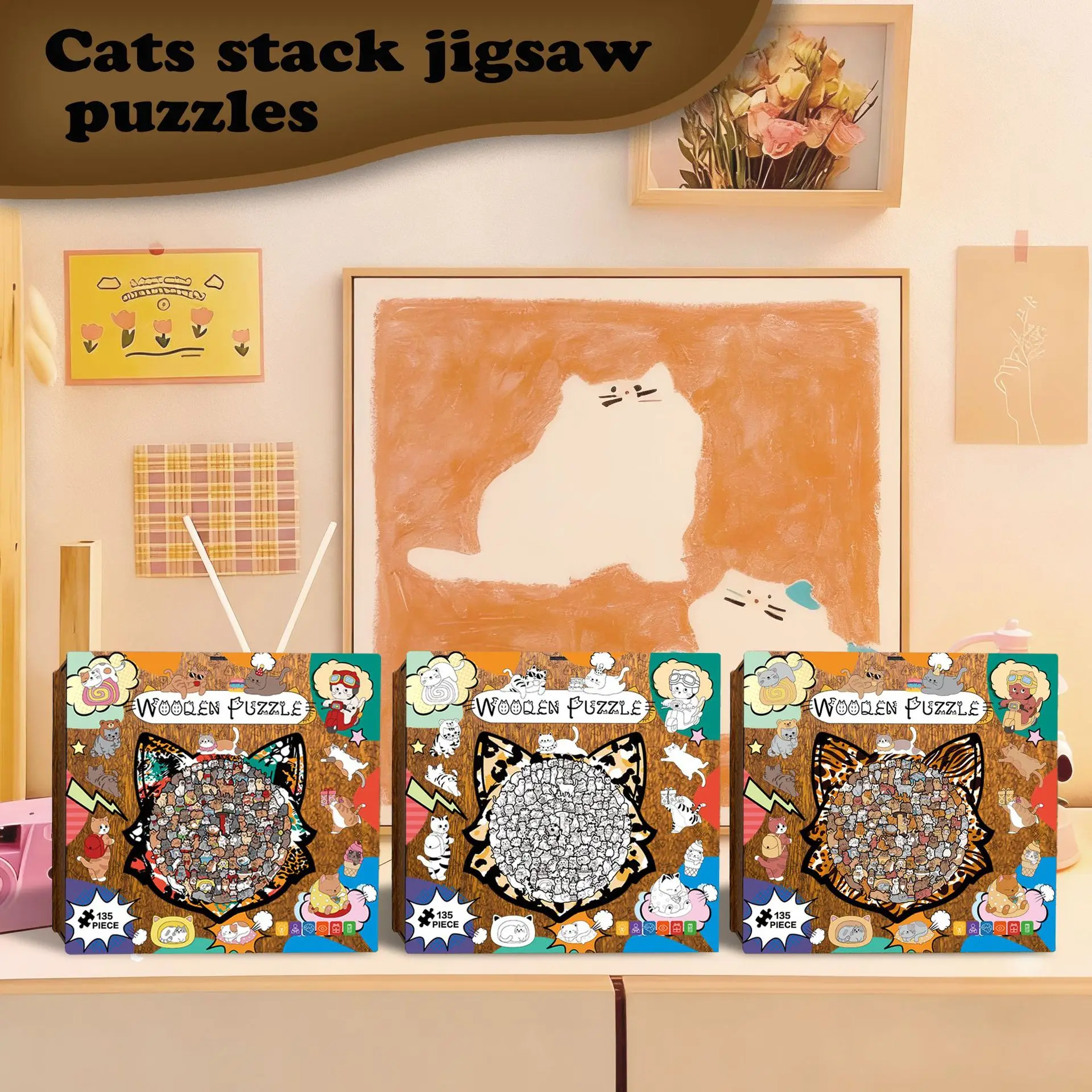 135PCS Katzenförmiges Holzpuzzle Unregelmäßige Hundepuzzleteile Stressabbau Spiel Geburtstag Weihnachtsgeschenke für Heimdekorationen