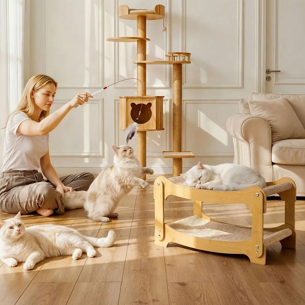 

2Tier Wooden Sofa Cat Scratcher, Large Elevated Cat Bed With Sisal Mat, SemiEnclosed Warm Hideaway For Indoor Cats MultiCat Hom