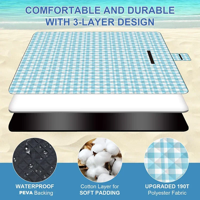 2x2m Camping Picnic Mat Washable Sandproof Beach Blanket Foldable With 3 Layers Park Hiking Courtyard Outdoor Use Larger Thicker