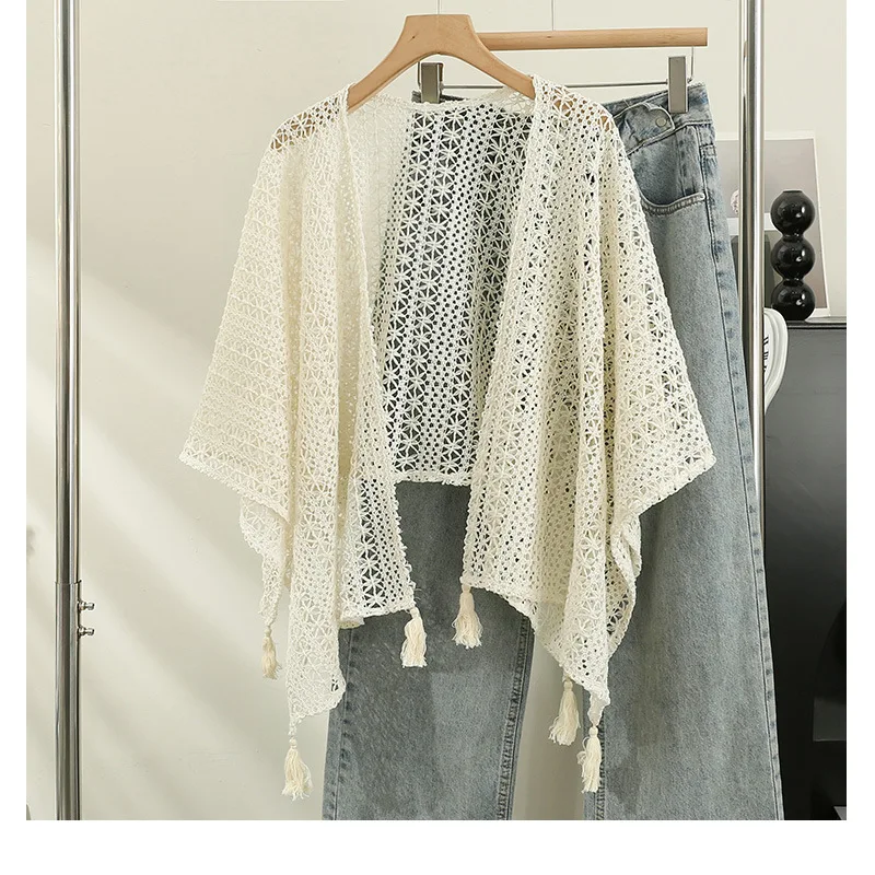 Women Boho Crochet Lace Shawl With Handmade Tassel Fringe Open Front Kimono Cover Up Lightweight Hollow Out Knit Wrap For Beach