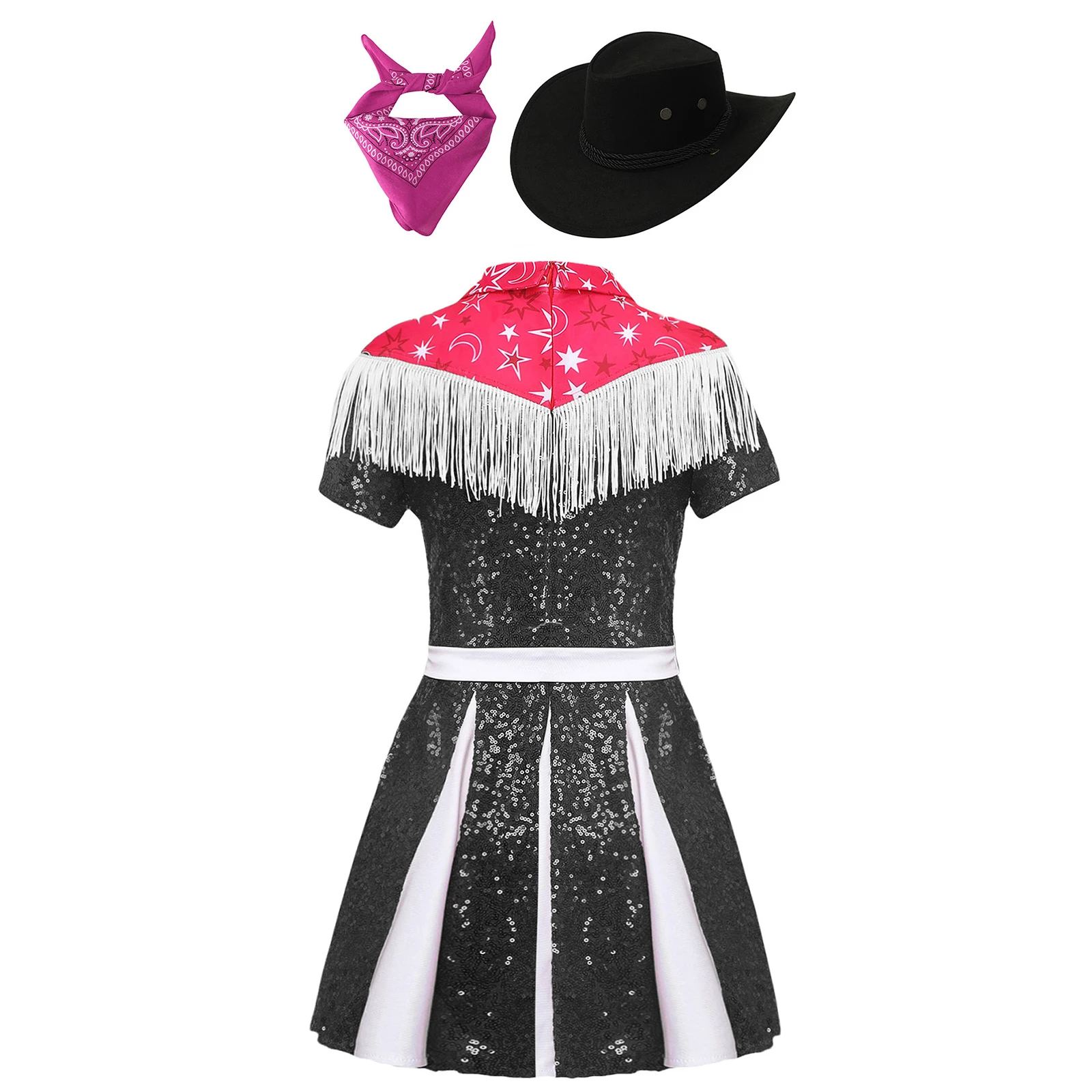 Kids Girls Western Cowgirl Cosplay Costume Short Sleeve Fringe Sequin Dress with Cowboy Hat Bandanna for Halloween Carnival