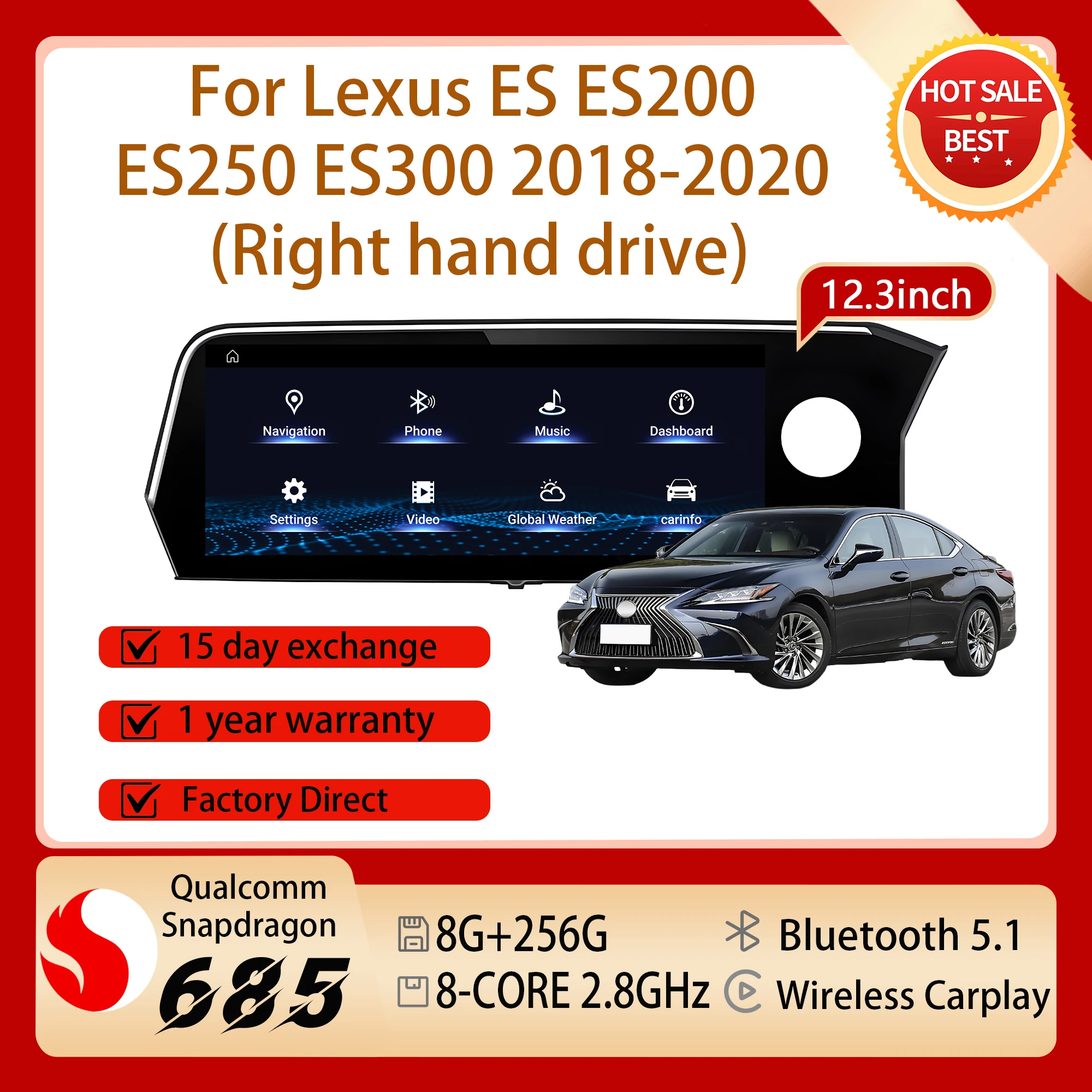 12.3 inch Right Hand Drive For Lexus ES ES200 ES250 ES300 2018-2020 Car Radio GPS Snapdragon 680 Android 14 Carplay Split Screen