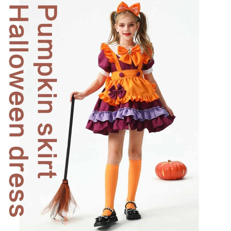 Children's Halloween Outfit Pumpkin Dress with Headband Lace Headwear Festive Themed Party Dress Set for Girls