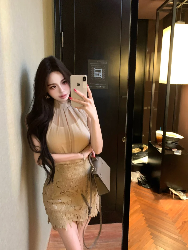 Koreaans ontwerp afslanken Svel Ne hangend vest top hoge taille kanten wrap ter zomerset dames faionable outfit