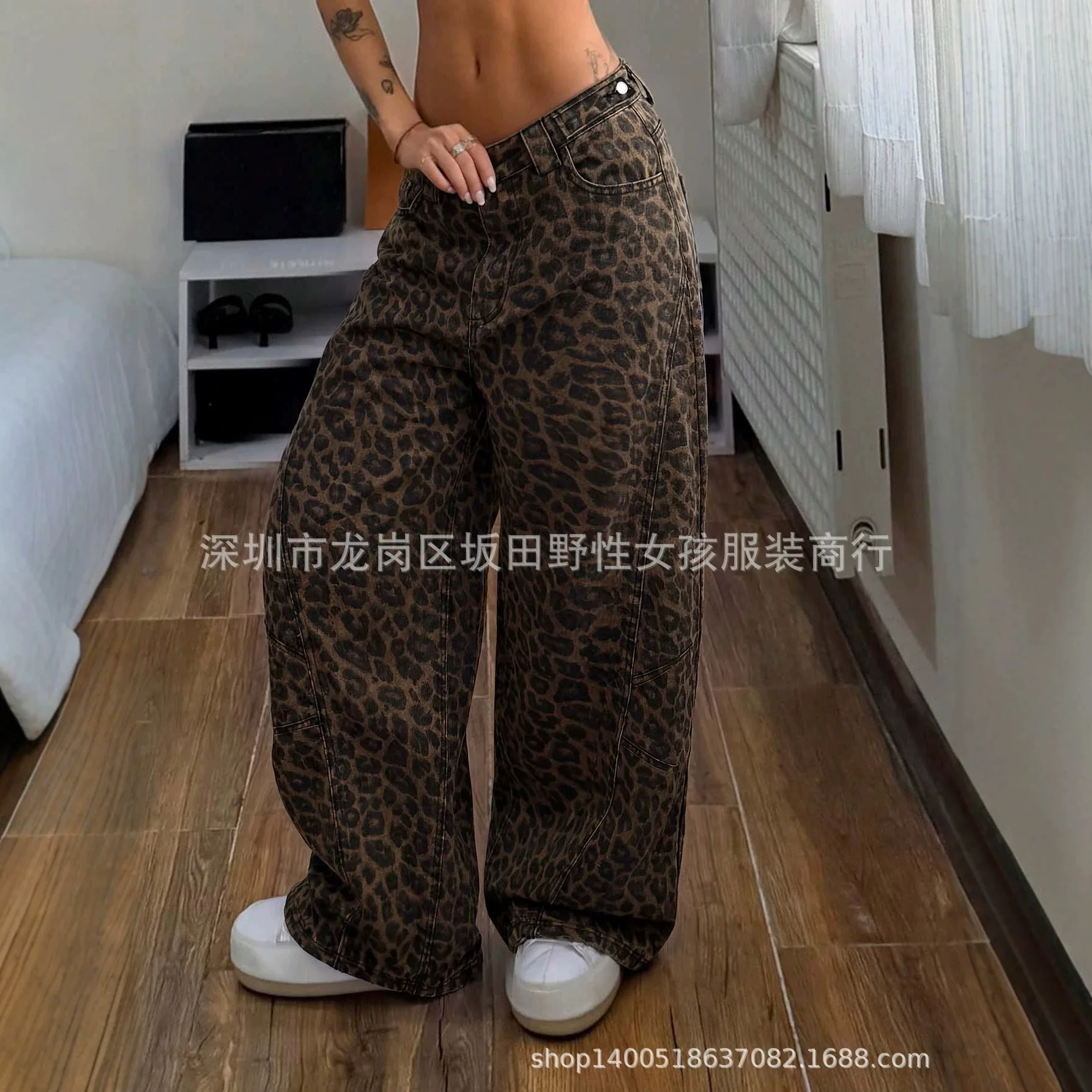 European American New Fashion Women Leopard Loose Straight Simple Daily Casual Low Waist Jeans Pants Female Trousers Clothes