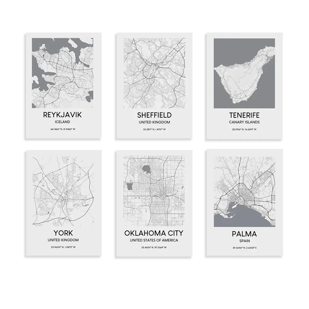 

Krakow, Oklahoma, Tenerife, Perth, Palma, Galway, Sheffield, Seville, Limerick, Reykjavik, York, Halifax map typographic poster