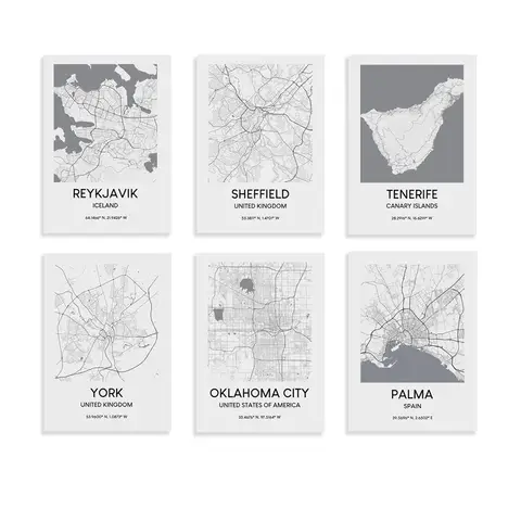 Krakow, Oklahoma, Tenerife, Perth, Palma, Galway, Sheffield, Seville, Limerick, Reykjavik, York, Halifax map typographic poster