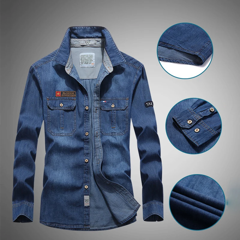 Men's Denim Shirt Men Cardigan Long-sleeve Casual Fashion Jean Shirts Loose Lapel Bussiness Men Spring Autumn Blue Denim Outwear