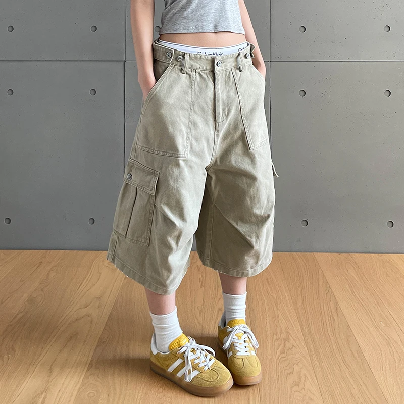 Men's Vintage Pleated Cargo Shorts American Multi Pocket Loose Fit Mid Length Workwear Casual Streetwear Summer Unisex Shorts