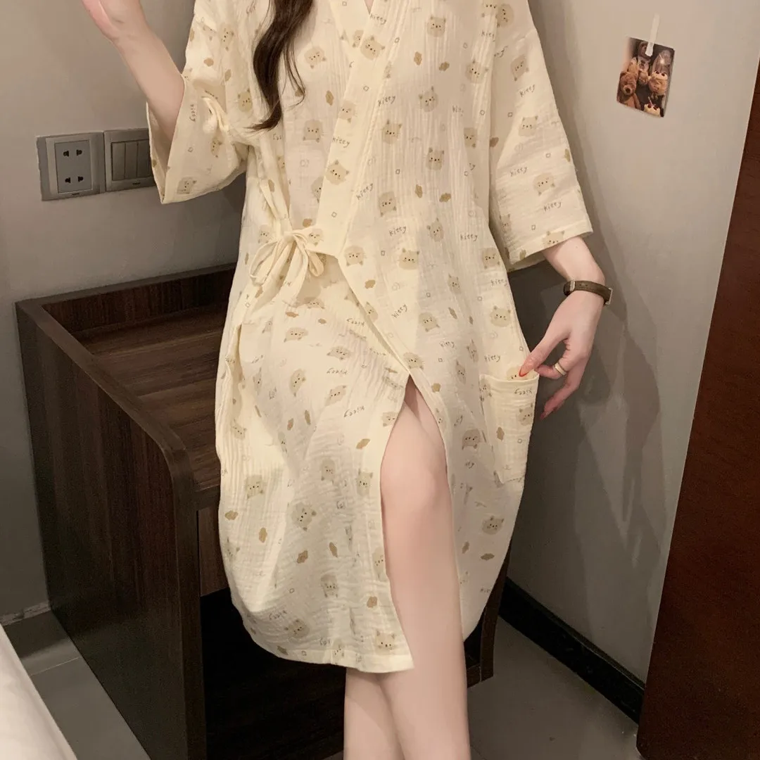 Japanese Style Summer Cotton Gauze Sleepwear Women's Bath Robe Nightgown Wearable Bath Towel Absorbent Student Pajamas
