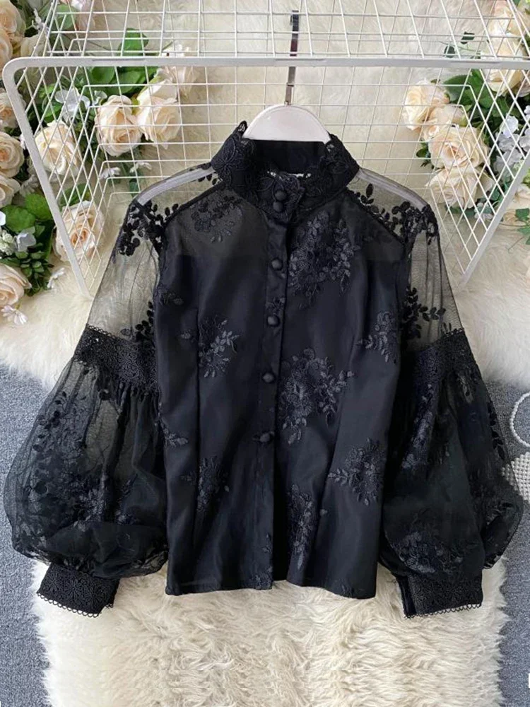 Women French Mesh Lace Blouse Stand Collar Three-dimensional Embroidered Puff Sleeves Court Style Slim Shirt Female Blusa PL610