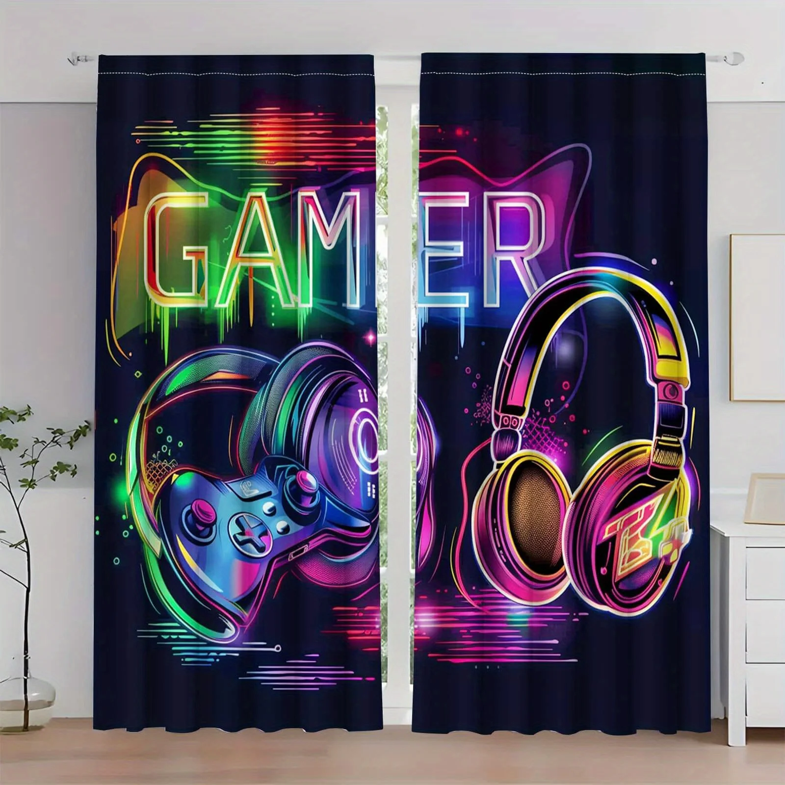 

Gamer Blackout Curtains 2pcs Vibrant Gamer-Themed Blackout Curtains | Polyester, Semi-Transparent, Machine Washable - Modern
