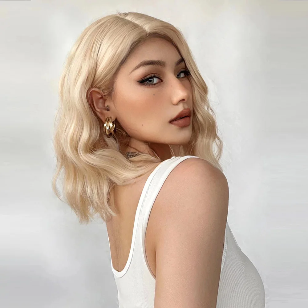 Blonde Short Bobo Synthetic Wavy Wigs Middle Part Platinum Shoulder Length Wigs for Women Natural Cosplay Hair Heat Resistant