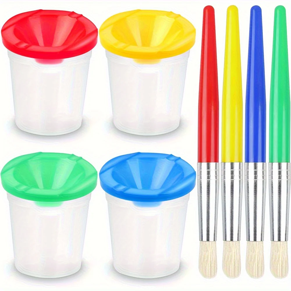 Spill Proof Paint Cups With Pastel Color Lids With 4pcs Paint Brushes, Great Painting Tools