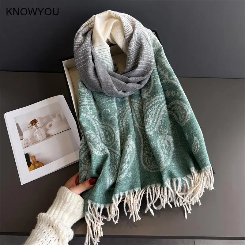 

Теплый шарф для шеи для женщин и мужчин, зимняя утолщенная шаль из пашмины с кисточками, искусственный кашемир, осеннее элегантное одеяло с принтом кешью