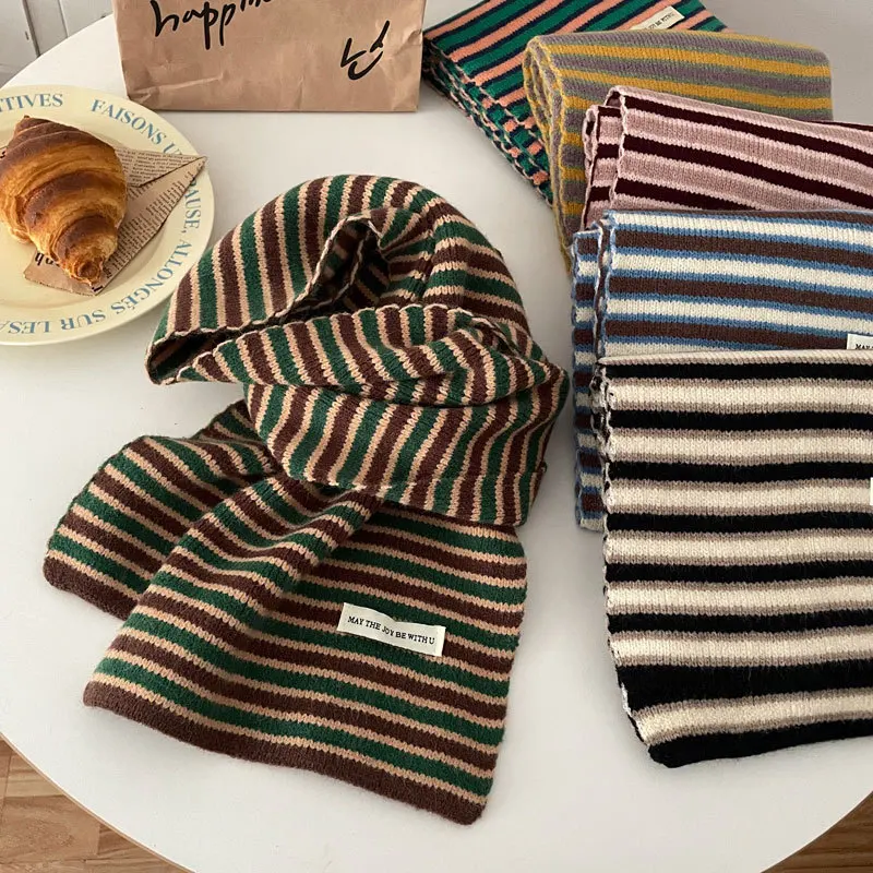 Unisex Couple Scarves New Korean Striped Harajuku Kawaii Cute Versatile Preppy Style Autumn Winter Plush Thickened Warm Scarf