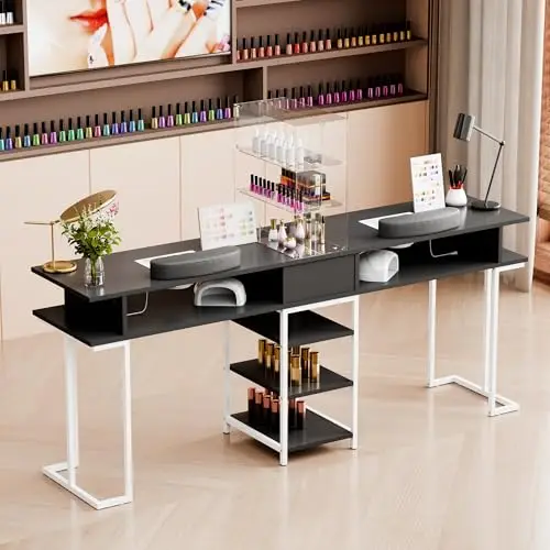 Double Manicure Table,Large Nail Desk for Nail Tech with Acrylic Cabinet and Large Drawers, Beauty Salon Nail