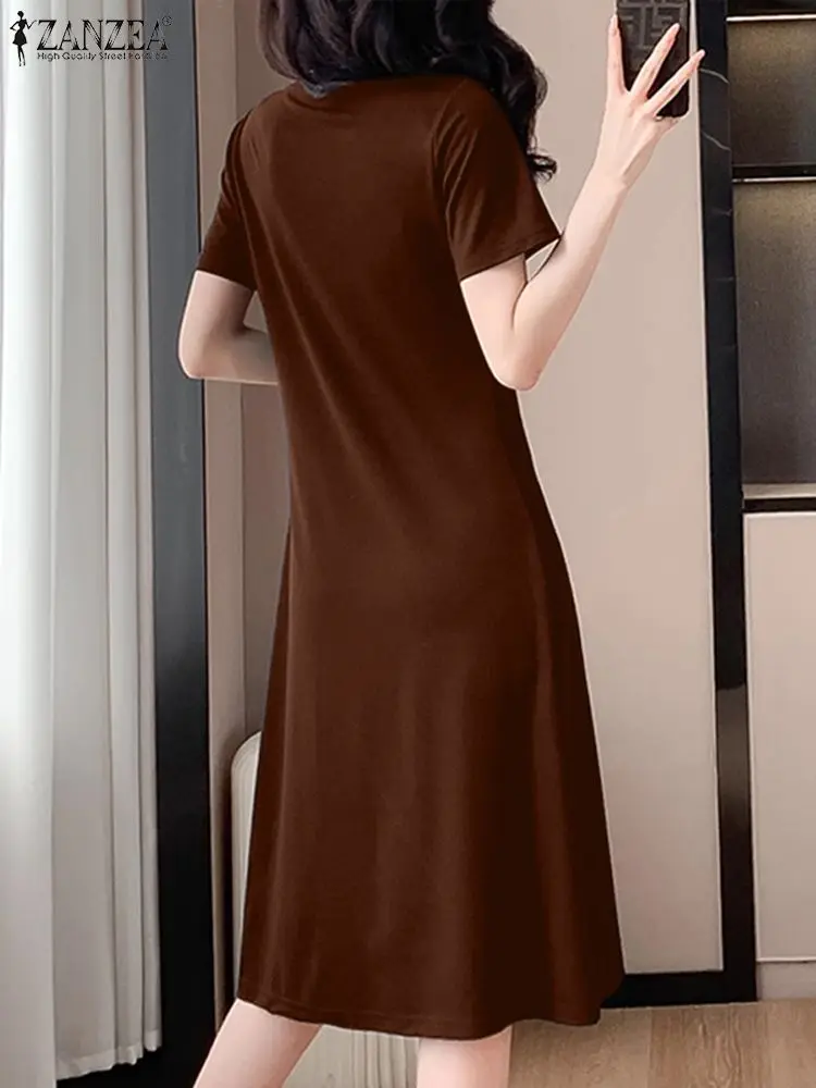 Zanzea 2024 Sommerferien Kurzarm Sommerkleid Frauen Plissee Nähte Midi Kleid koreanische Mode lässig lange Robe Strick Robe