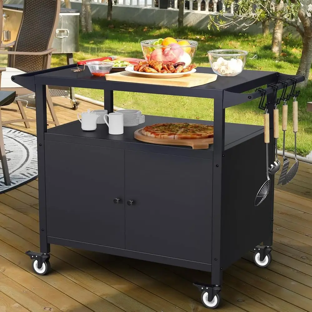 

Portable Outdoor Grill Table with Storage and Utility Hooks, Mobile Kitchen Island for BBQ and Serving