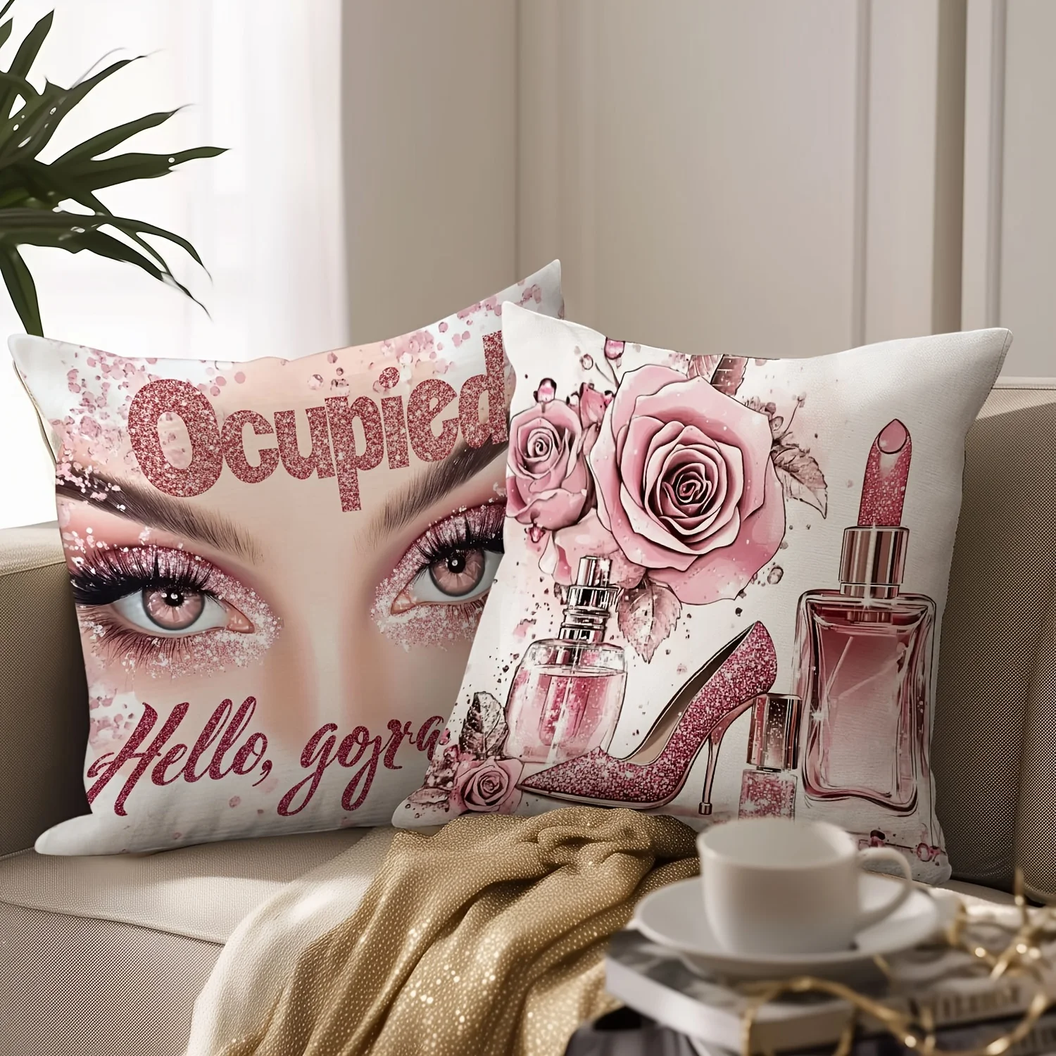 Pink Lipsticks & 1Pc Women Pillowcase, Soft Cushion Cover for Sofa Bed Car Home Decor, Pillow Insert Not Included