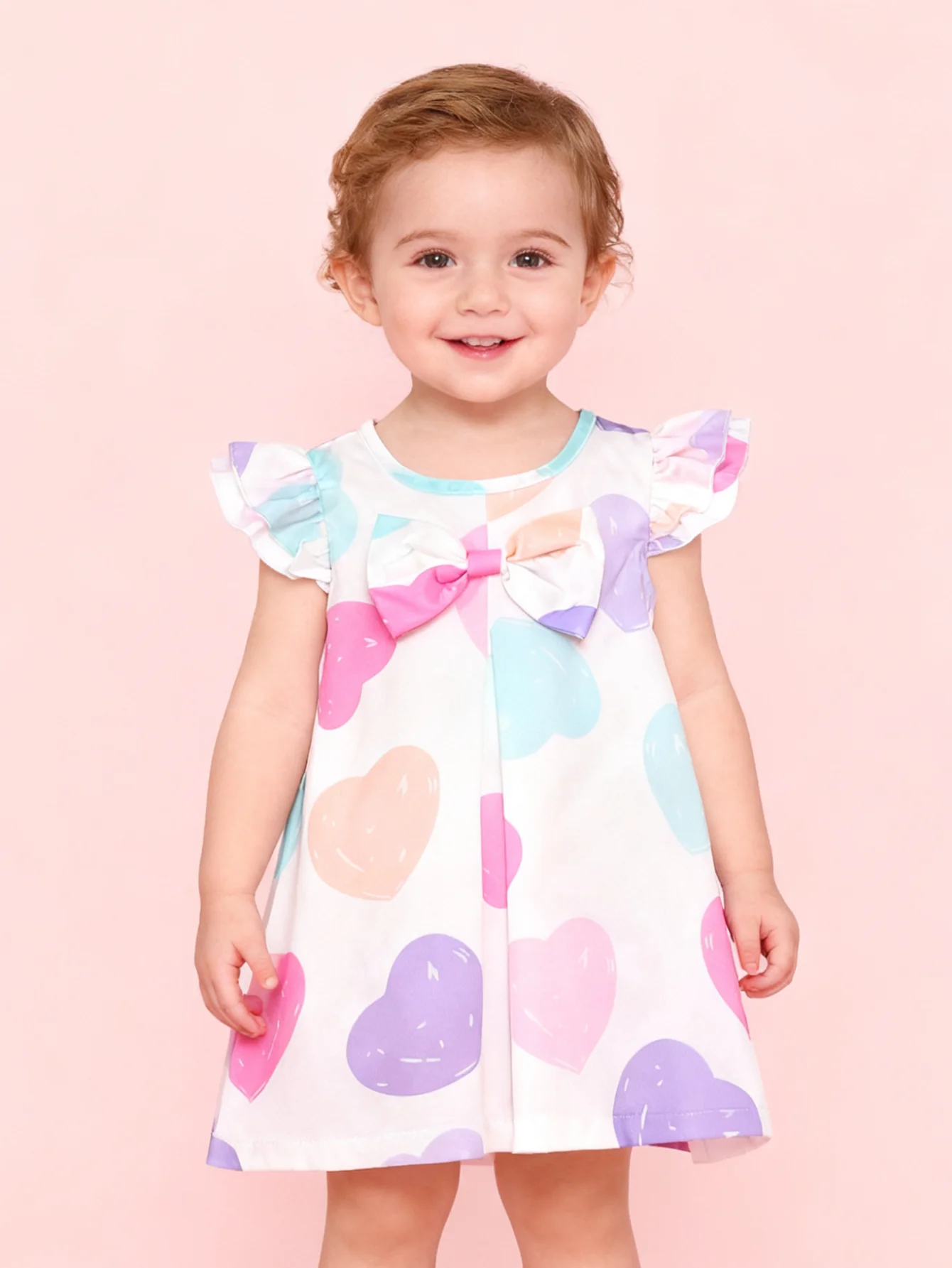 Summer Fashionable Baby Girl Round Neck Dress with Colorful Love Printed Butterfly Bow Decoration Casual Flying Sleeve Design