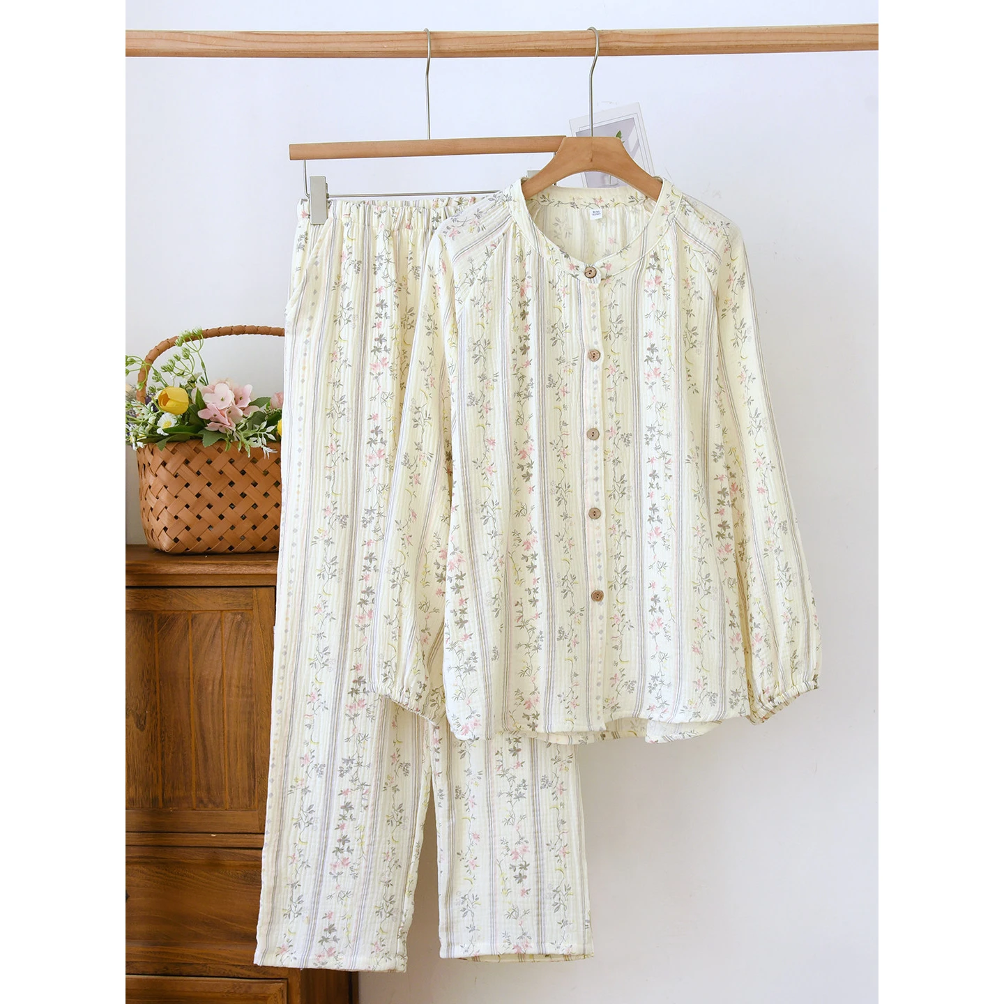 1 Set Womens Crewneck Pajamas Cotton Gauze 100% Cotton with Pockets Lightweight Long Sleeve and Pants Sleepwear for Spring Summe