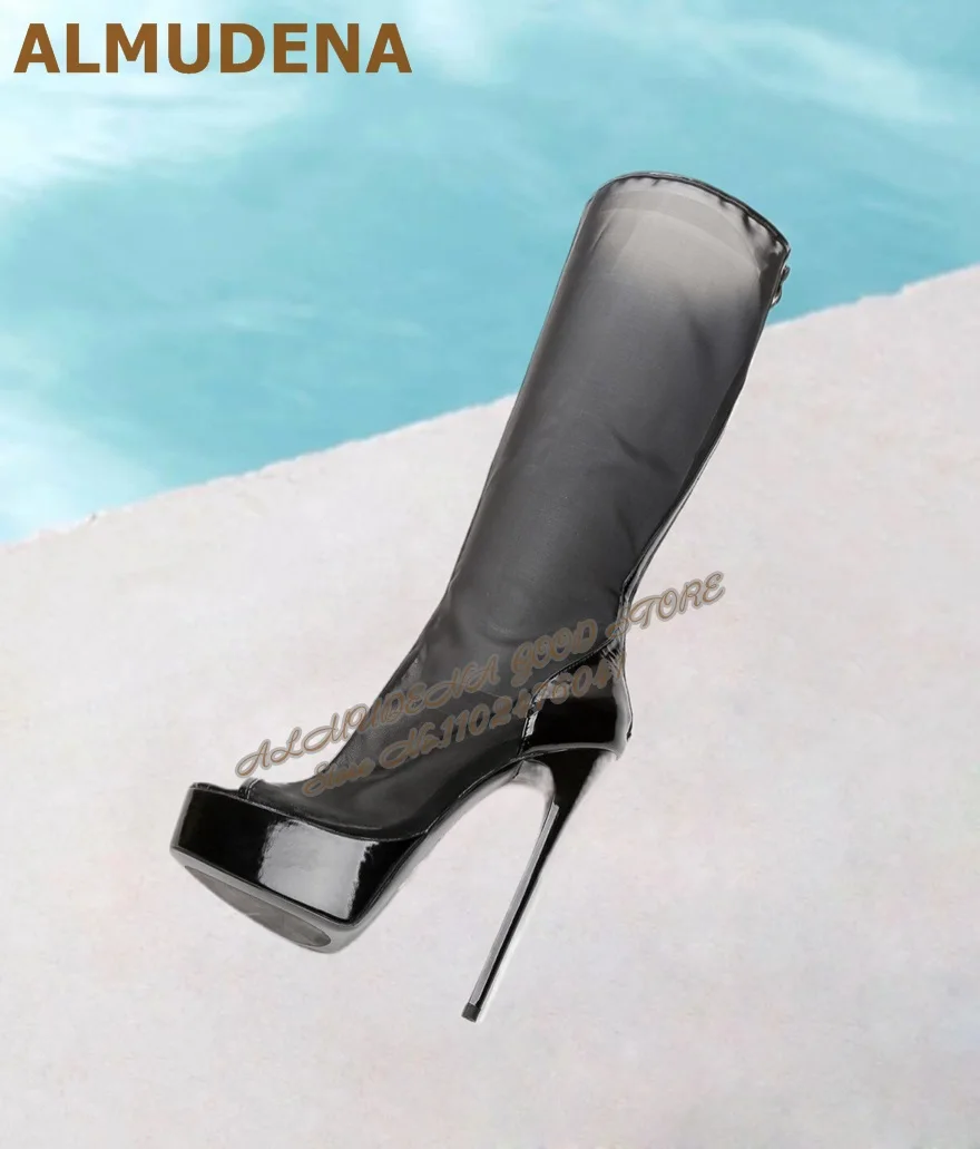 

ALMUDENA/Черные летние сапоги до колена с воздушной сеткой, черные сандалии из лакированной кожи на высоком каблуке и платформе, длинные модельные туфли в стиле пэчворк