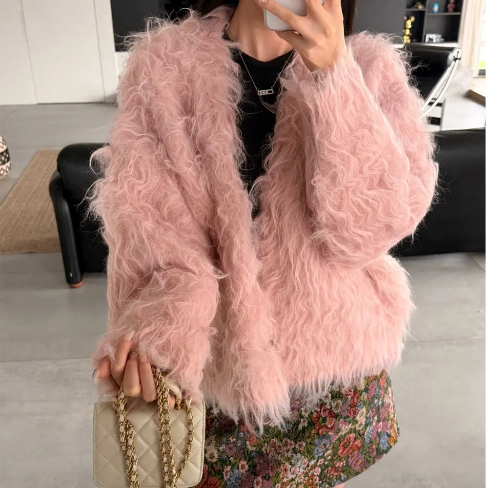 Women's Furry Knit Sweater Coat with Button - Warm Autumn Cardigan