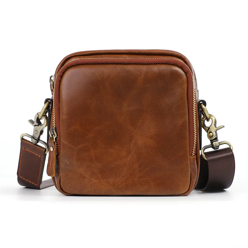 Vintage Brown Men's Waist Packs Genuine Cowhide Leather Leisure Crossbody Shoulder Square Bag 2024 Double Zipper Belt Purse