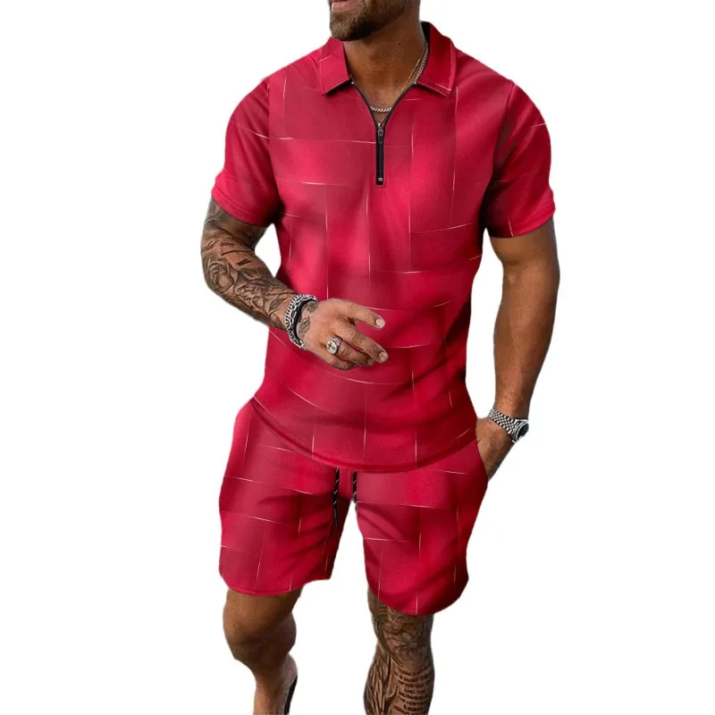 

2025 Новый стиль, короткая рубашка-поло с откидным лидером, шорты и брюки на резинке, мужской костюм из двух частей для спорта и отдыха