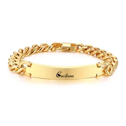 PERSONALIZED GOLD MENS BRACELET STAINLESS STEEL ID TAG FREE ENGRAVING CHAINS LINK BRAZELET
