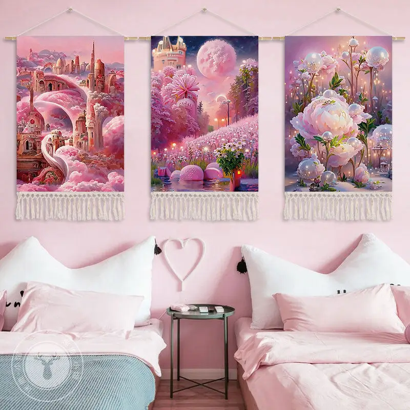 Kawaii Fantasy Tapestry Wall Hanging - Pink Castle Wall Art, Aesthetic Room Decor for Girls Bedroom, Boho Home Decoration