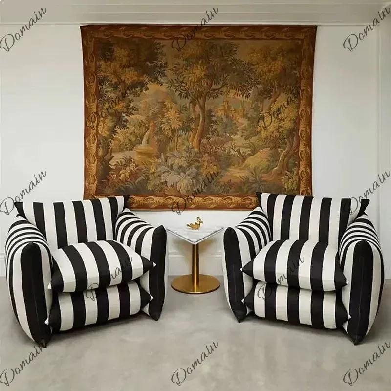 B80 American Blue And White Striped Single Sofa Red Small Apartment Living Room Bread Zebra Pattern Puff Double Sofa